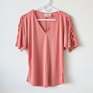 Daytrip Coral V Neck Cutout Sleeve Top